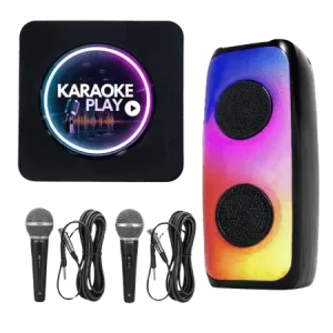 KaraokePlay com caixa de som e dois microfones