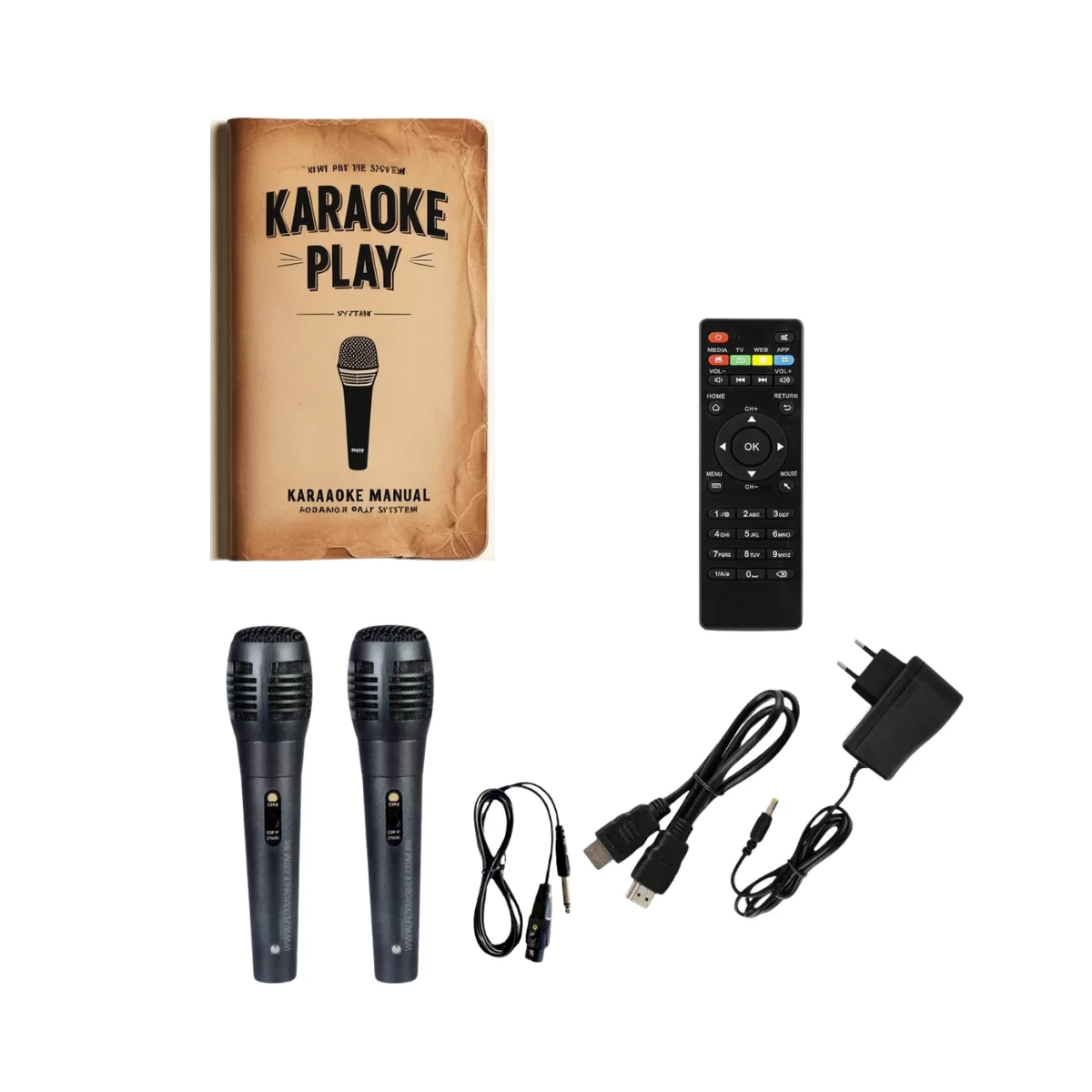 2 Microfones com fio e manual de karaoke play